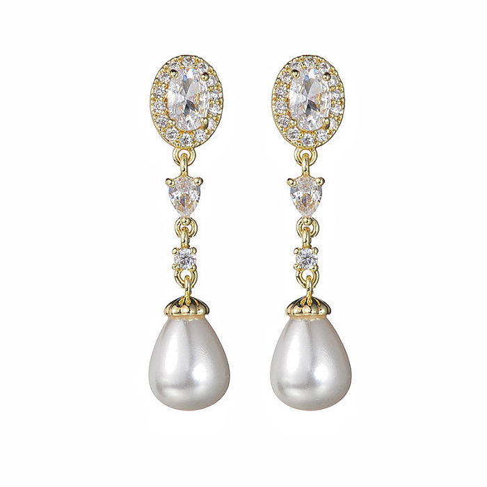 1 Pair Casual Simple Style Oval Water Droplets Plating Inlay Copper Pearl Zircon Drop Earrings