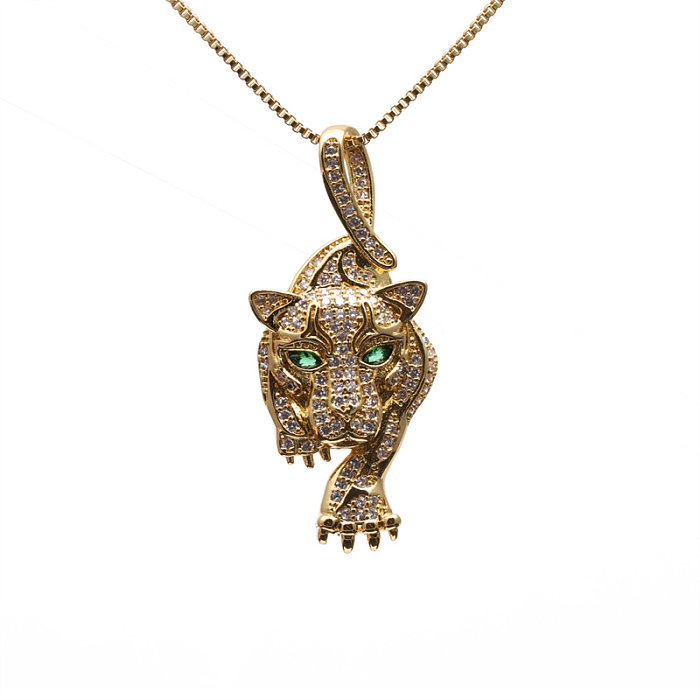 Vintage Style Tiger Leopard Copper Enamel Plating Inlay Zircon Gold Plated Pendant Necklace