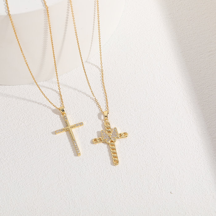 Casual Cross Copper Irregular Inlay Zircon 14K Gold Plated Necklace