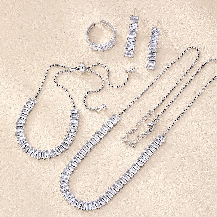 Style Simple brillant géométrique Rectangle cuivre incrustation Zircon anneaux boucles d'oreilles collier