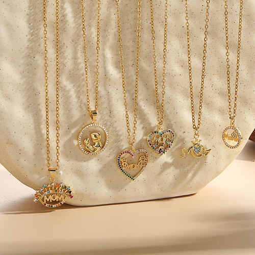 Elegant MAMA Letter Heart Shape Copper 14K Gold Plated Zircon Pendant Necklace In Bulk