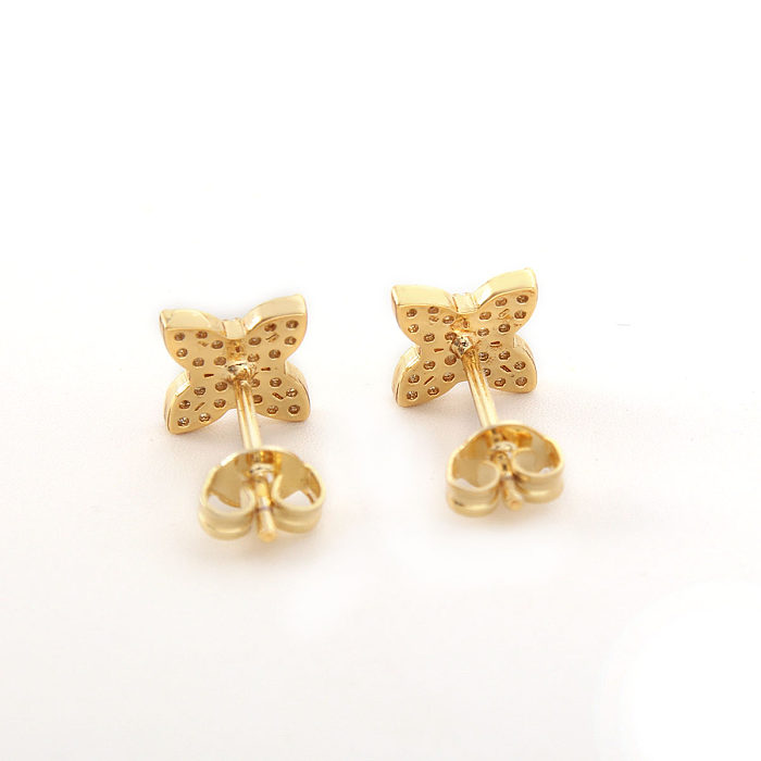 1 paire de clous d'oreilles plaqués or, Style Simple et décontracté, incrustation de placage de couleur unie en cuivre et Zircon plaqué or