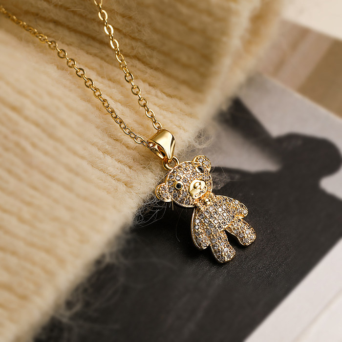 Collier pendentif en plaqué or 18 carats avec incrustation de cuivre et zircon, Style Simple, vacances mignonnes, petit ours