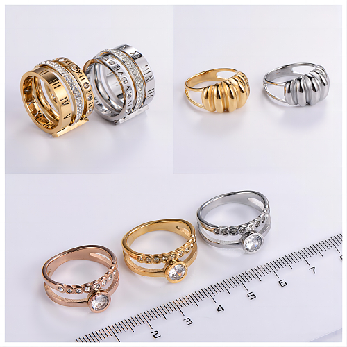 Modern Style Roman Style Roman Numeral Stainless Steel Hollow Out Inlay Artificial Gemstones 18K Gold Plated Rose Gold Plated Rings