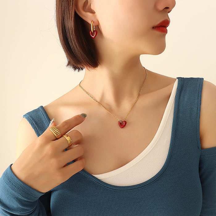 Fashion Hollow Titanium Steel Necklace Dripping Oil Heart Earring