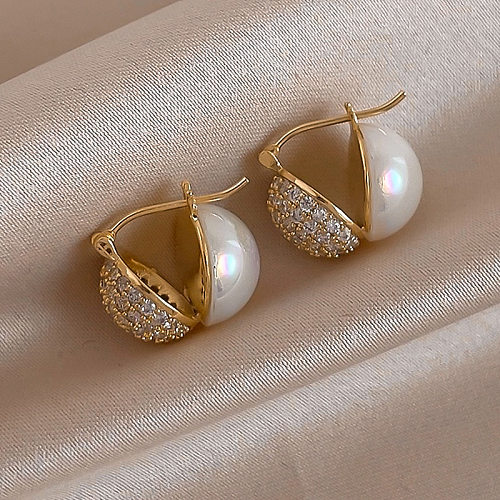 Clous d'oreilles géométriques en cuivre avec incrustation de perles et de Zircon, 1 paire