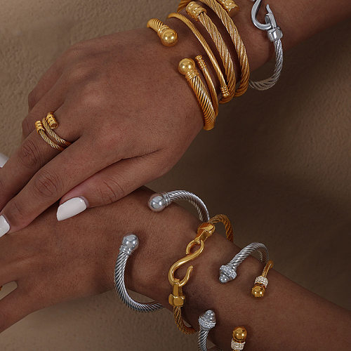 Style Simple, couleur unie, placage en acier titane, incrustation de strass, anneaux plaqués or, Bracelets