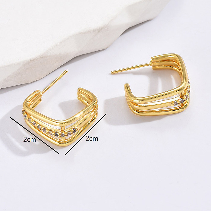 Simple Style Geometric Copper Earrings Layered Gold Plated Zircon Copper Earrings 1 Pair