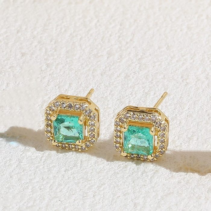 1 Pair Simple Style Classic Style Square Plating Inlay Copper Zircon 14K Gold Plated Ear Studs