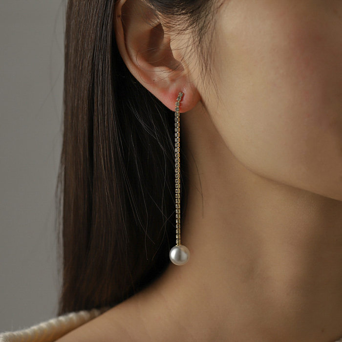 1 Pair Simple Style Tassel Plating Inlay Copper Rhinestones Drop Earrings