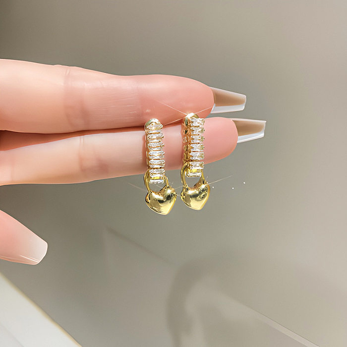 1 Pair Lady Heart Shape Plating Inlay Copper Zircon Drop Earrings