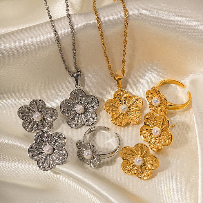 INS-Stil, süße Blume, Edelstahl-Beschichtung, Inlay, Perle, 18 Karat vergoldet, Ringe, Ohrringe, Halskette