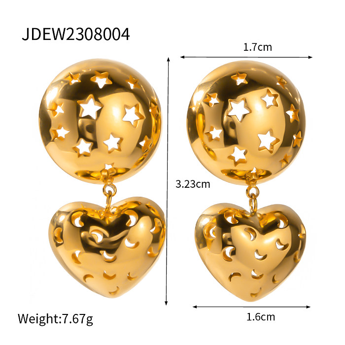 Estilo IG casual redondo formato de coração banhado em aço inoxidável vazado anéis banhados a ouro 18K brincos