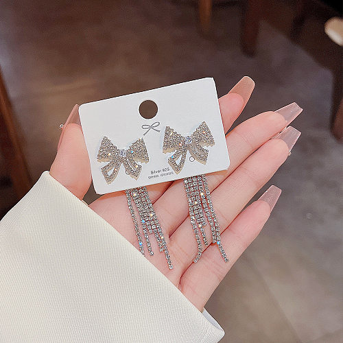 1 Pair Elegant Shiny Tassel Bow Knot Inlay Copper Zircon Drop Earrings