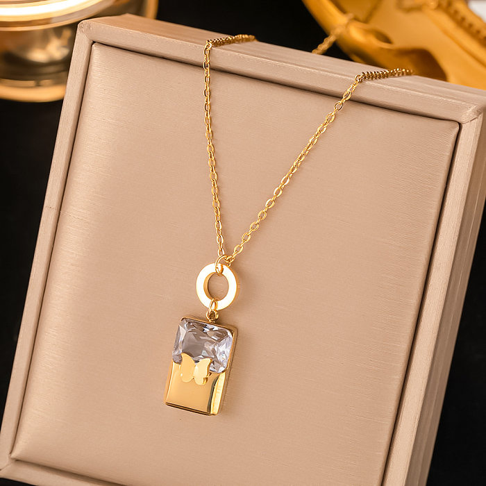 Vintage Style Simple Style Human Square Butterfly Titanium Steel Plating Inlay Zircon 18K Gold Plated Earrings Necklace