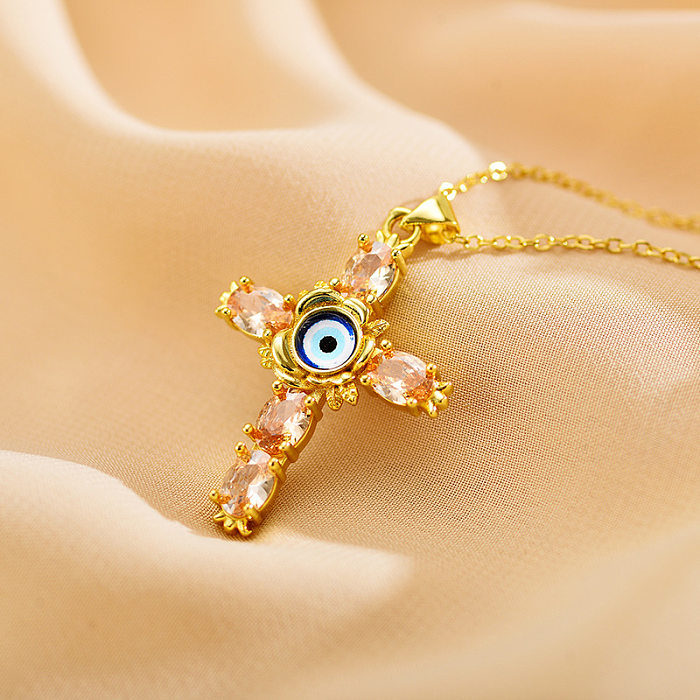 Ethnische Art-Kreuz-Augen-Legierungs-Kupfer-Inlay-Zirkon-vergoldete Halskette