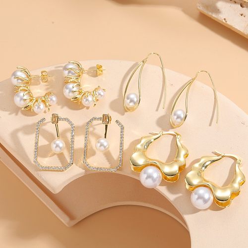 1 Pair Elegant Glam Irregular Asymmetrical Copper Pearl Zircon 14K Gold Plated Earrings