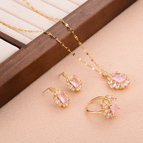 Lady Sweet Square Copper Plating Inlay Zircon Gold Plated Rings Earrings Necklace