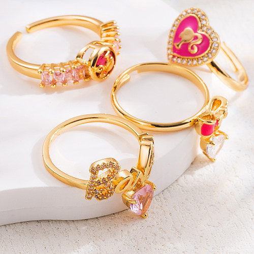 Bonito formato de coração doce Barbie cobre charme esmalte zircão anéis abertos banhados a ouro 14K