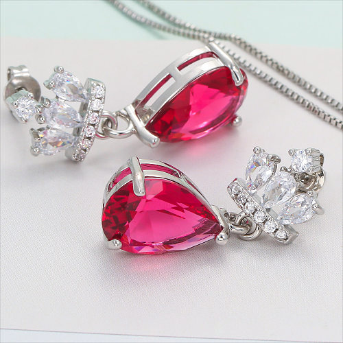 IG Style Water Droplets Crown Copper Plating Inlay Artificial Gemstones Zircon Earrings Necklace