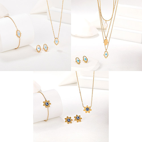 Elegant Lady Sun Palm Stainless Steel Plating Inlay Shell 18K Gold Plated Bracelets Earrings Necklace