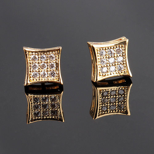 1 paire de clous d'oreilles plaqués or blanc, Style Simple et décontracté, incrustation carrée en cuivre et Zircon plaqué or 18 carats
