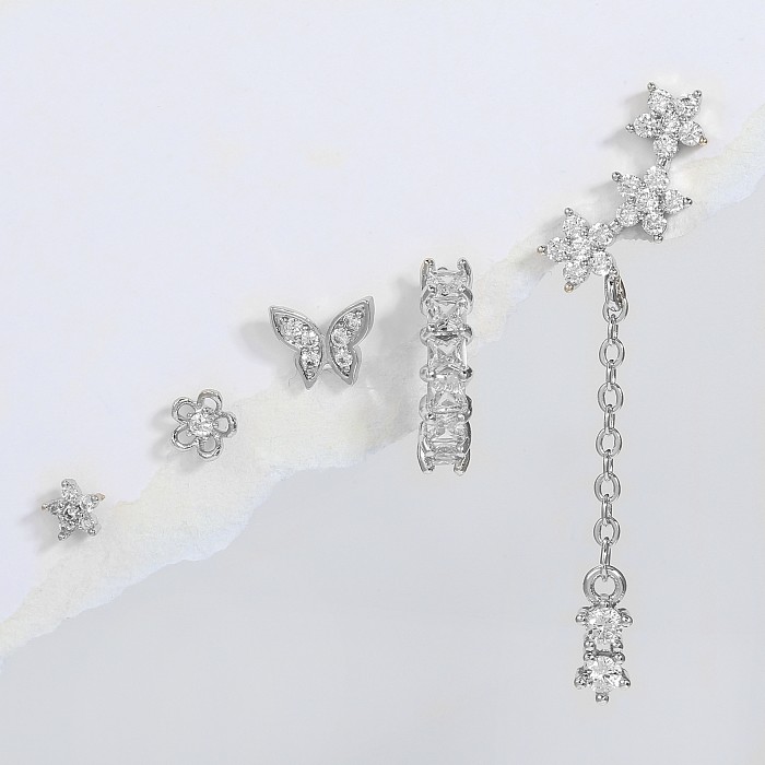 Fashion Star Flower Butterfly Copper Asymmetrical Chain Zircon Dangling Earrings 5 Piece Set