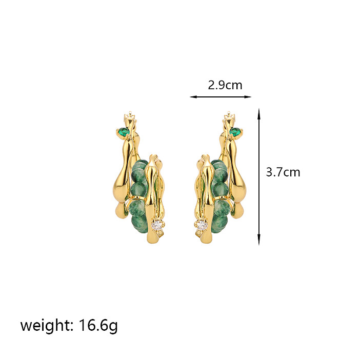 1 Pair Glam Lady Shiny C Shape Heart Shape Plating Inlay Copper Crystal Moss Agate Zircon 14K Gold Plated 18K Gold Plated Earrings