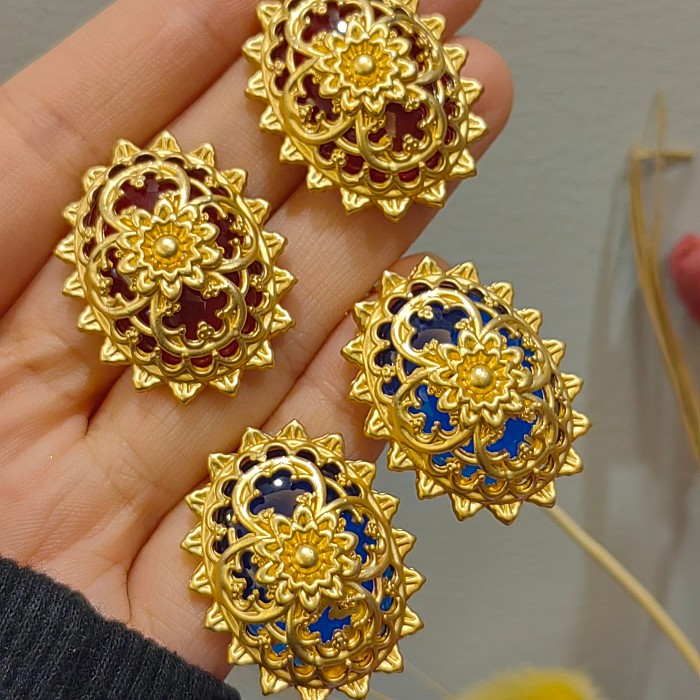 1 Pair Retro Round Inlay Copper Resin Ear Studs