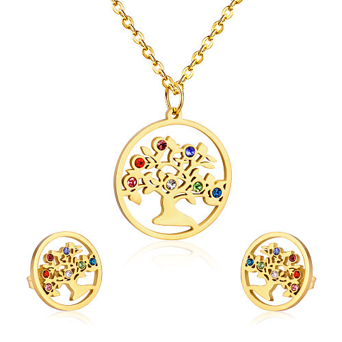 Simple Style Tree Stainless Steel Plating Zircon Earrings Necklace 1 Set