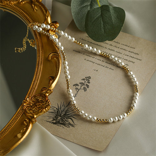 Baroque Style Round Copper Beaded Pearl Plating Gold Plated Necklace