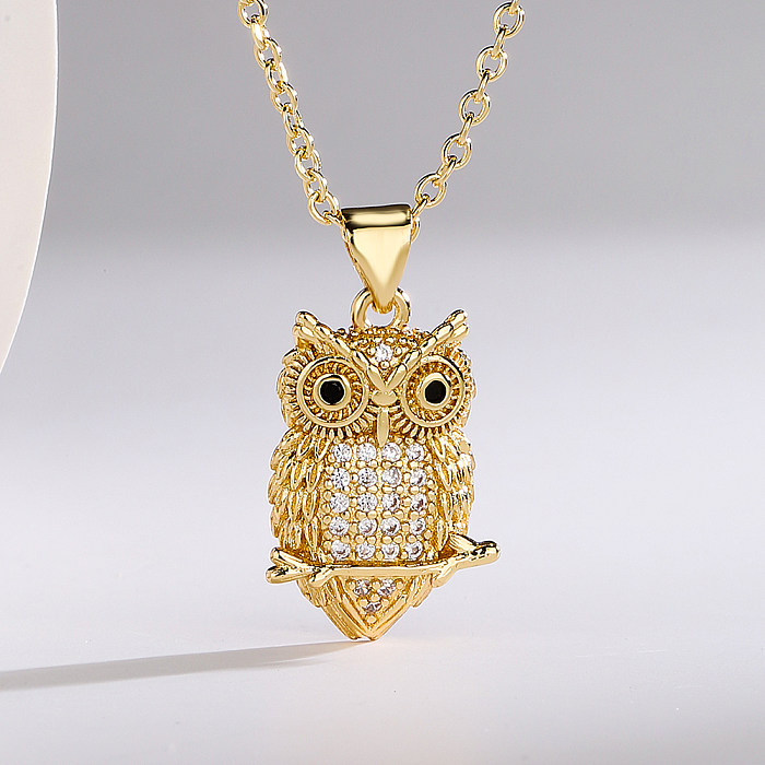 1 Piece Fashion Animal Owl Copper Plating Inlay Zircon Pendant Necklace