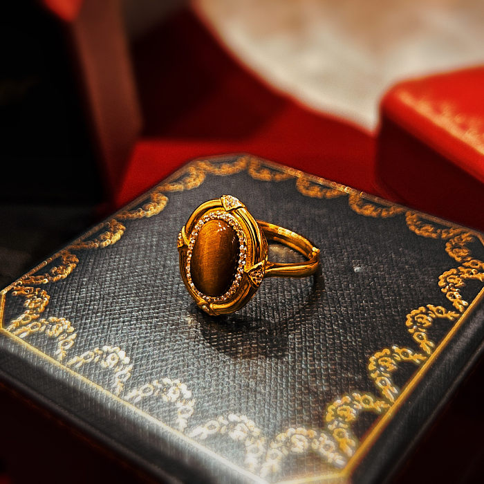 Retro Oval Copper Plating Inlay Tiger Eye 24K Gold Plated Rings