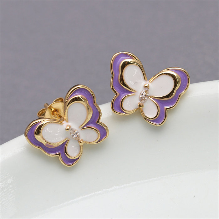 1 Pair Elegant Streetwear Butterfly Enamel Inlay Copper Zircon Gold Plated Ear Studs