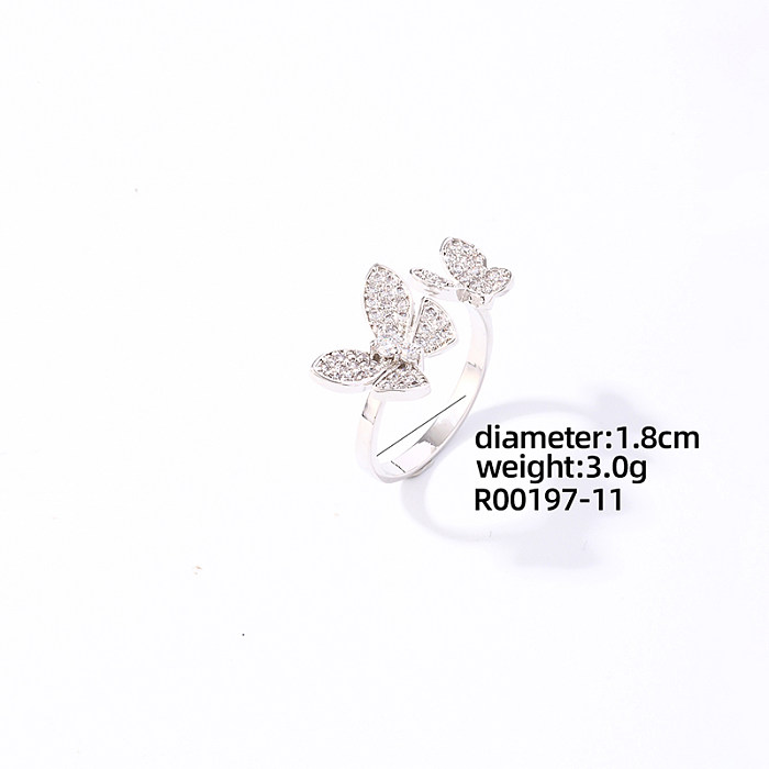 Lässige, süße Schmetterlings-Verkupferungs-Inlay-Zirkon-Weißgold-plattierte offene Ringe