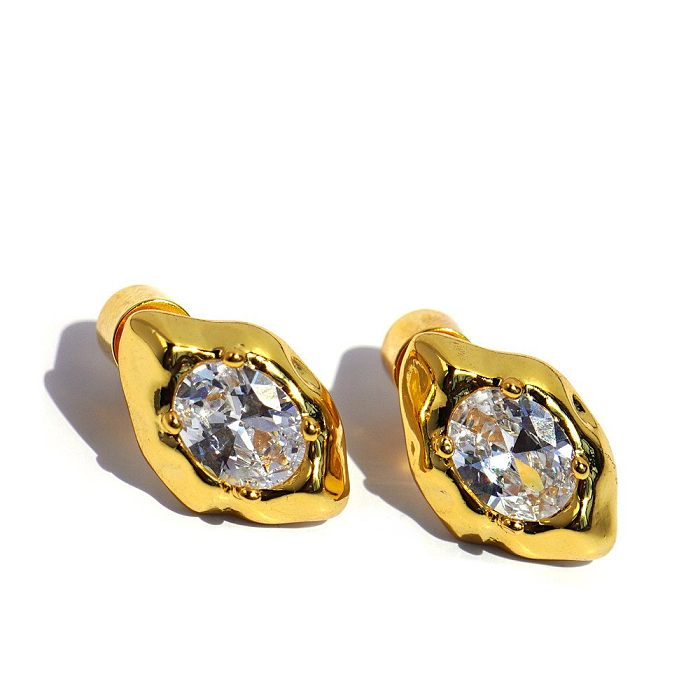1 Pair Vintage Style Oval Inlay Copper Natural Stone Zircon Ear Studs