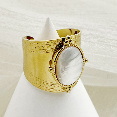 Estilo vintage oval de aço inoxidável polimento chapeamento embutido anel aberto banhado a ouro