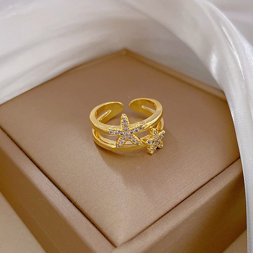 Fashion Starfish Brass Gold Plated Rhinestones Open Ring