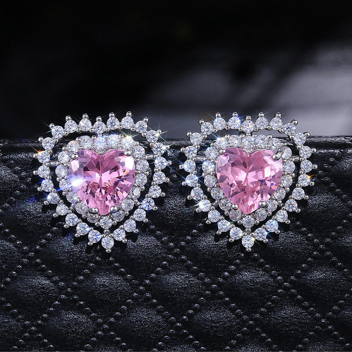 Pink Heart Zircon Copper Stud Earrings Wholesale jewelry