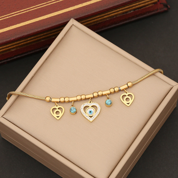Elegante coração forma olho chapeamento de aço inoxidável incrustação diamante artificial turquesa pulseiras brincos colar