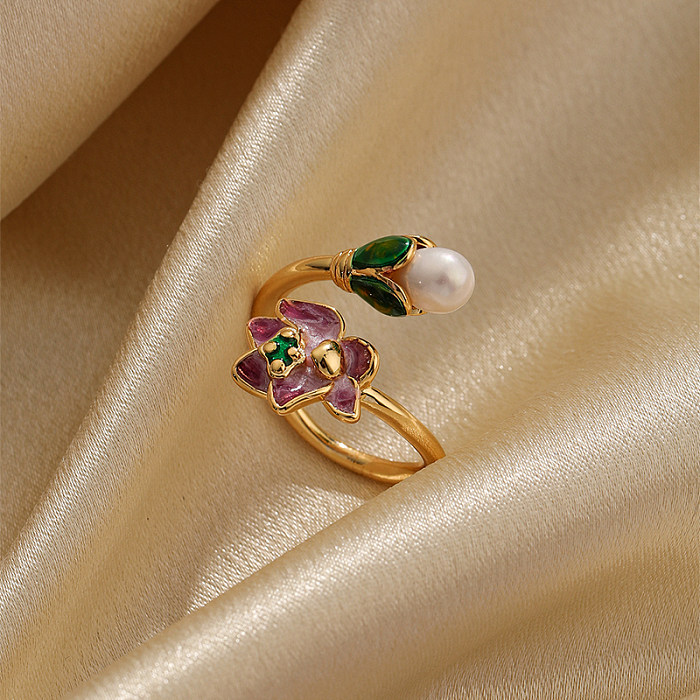 Elegant Retro Flower Copper Plating Inlay Pearl 18K Gold Plated Open Rings