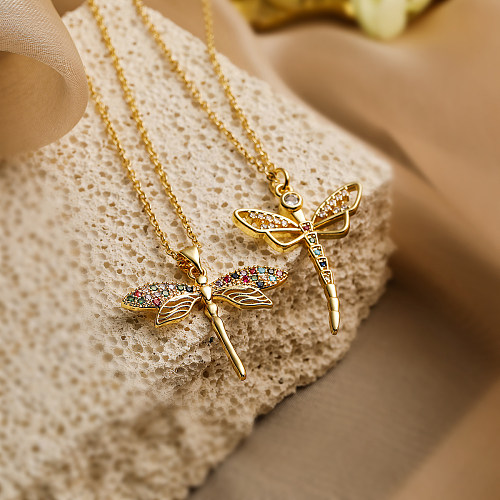 Schlichter Stil Pendel-Halskette mit Libellen-Kupferbeschichtung, Inlay aus Zirkon, 18 Karat vergoldet