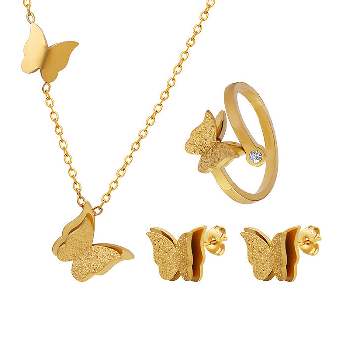 Elegante Schmetterlings-Titanstahl-Inlay-Zirkon-Ringe-Ohrringe-Halskette