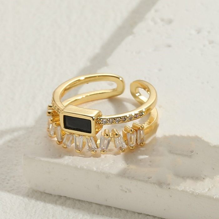 Retro Rectangle Copper Plating Inlay Zircon 14K Gold Plated Open Rings