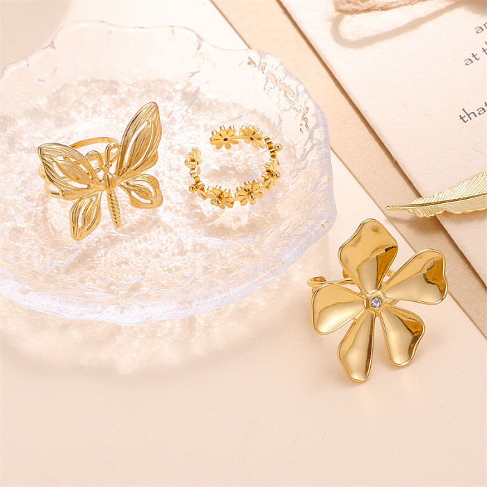 Vacation Butterfly Daisy Stainless Steel Plating 18K Gold Plated Open Rings