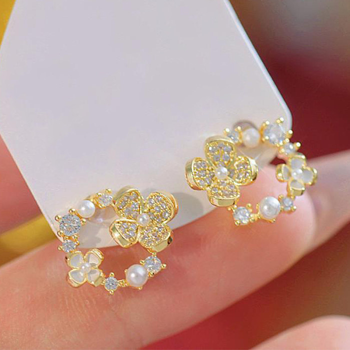 1 Pair Simple Style Commute Four Leaf Clover Plating Inlay Copper Zircon 14K Gold Plated Ear Studs