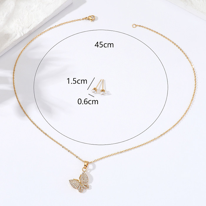 Stainless Steel Inlaid Zircon Electroplating 18K Gold Butterfly Necklace Earrings Set