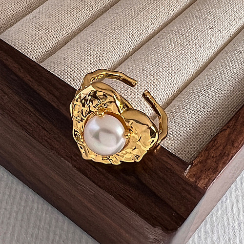 Lady Simple Style Commute Heart Shape Copper Plating Inlay Pearl 18K Gold Plated Open Rings