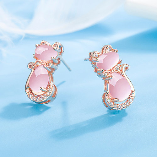 Koreanische rosa Kristallkatze-Ohrringe weiblicher Diamant-nette Katze-Kupfer-Großverkauf