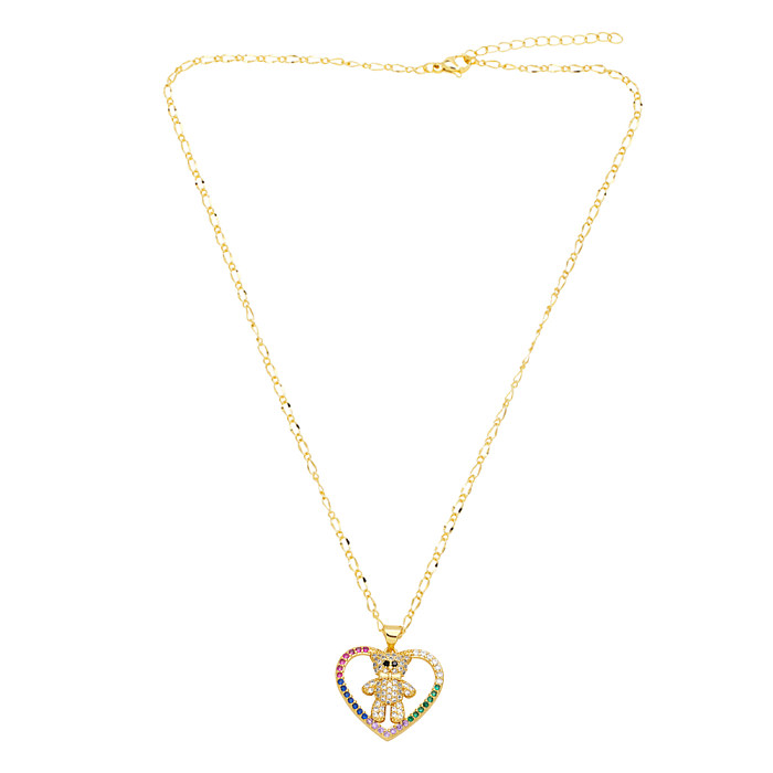 Bonito estilo simples ursinho formato de coração revestimento de cobre incrustado de zircão colar com pingente banhado a ouro 18K